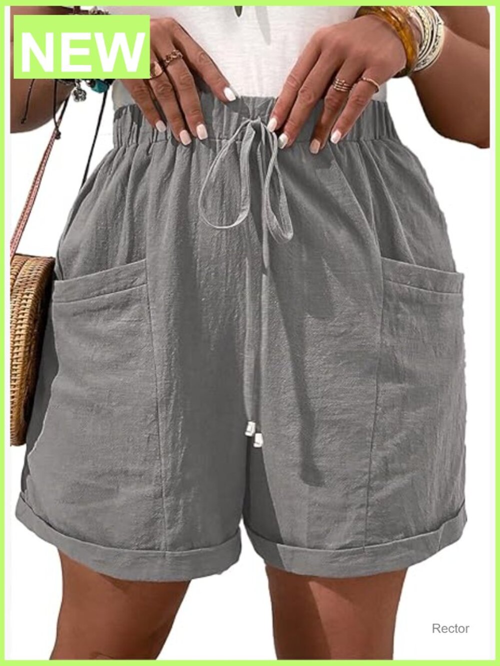Plus Size High Rise Cotton Shorts with Pockets, Elastic Waist Drawstring, Loose